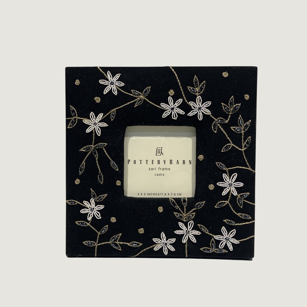 Pottery Barn Black Zari Fabric And Beaded Picture Frame For 3x3 Photo